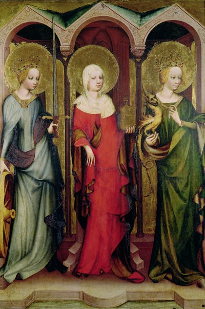 St. Katharina von Alexandria, St. Maria Magdalena und St. Margareta von Antiochia, ca. 1380 von Master of the Trebon Altarpiece